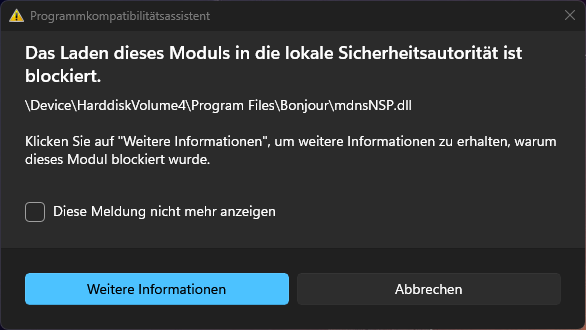 Windows blockiert Bonjour-Modul: mdnsNSP.dll